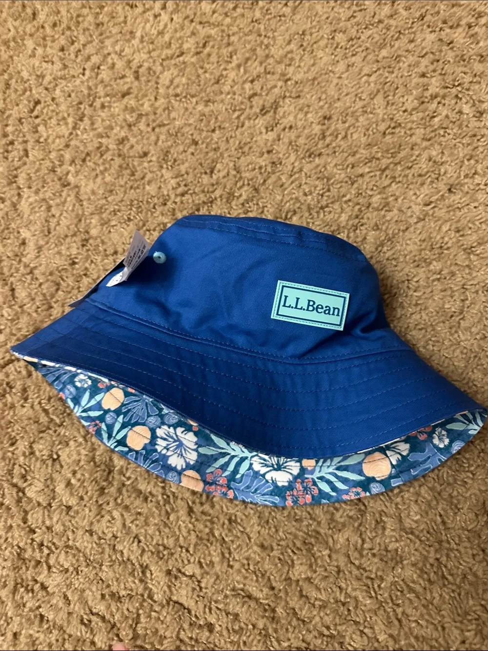 L.L. Bean Kids reversible Floral Bucket Hat - Blue with Peach and Green Accents